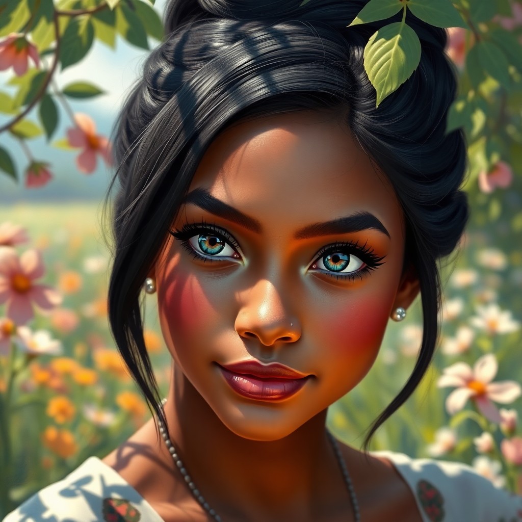 AI generated art for prompt: A super-realistic portrait showcases a captivating young Aboriginal woman with mesmerizing jade eyes