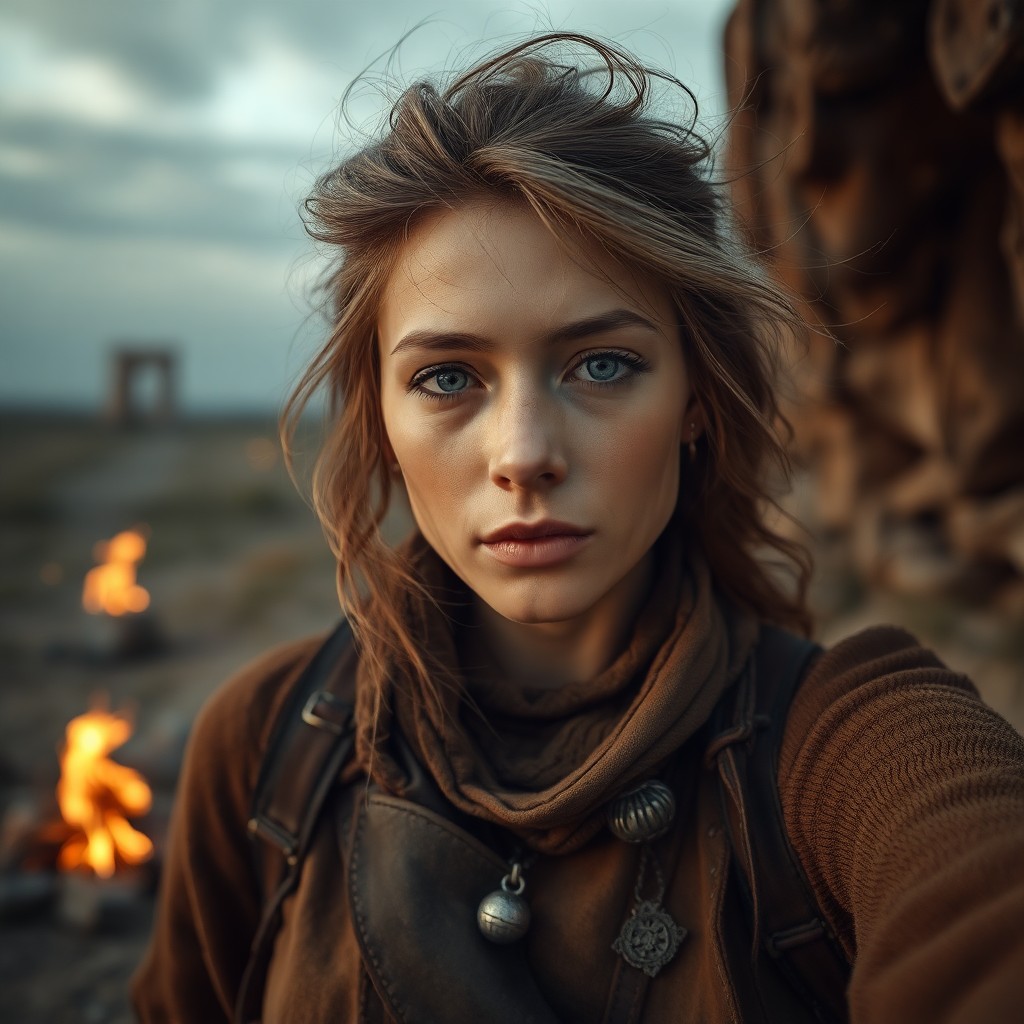 AI generated art for prompt: Craft an atmospheric fine art portrait of a weary yet resolute female wanderer with windswept hair a