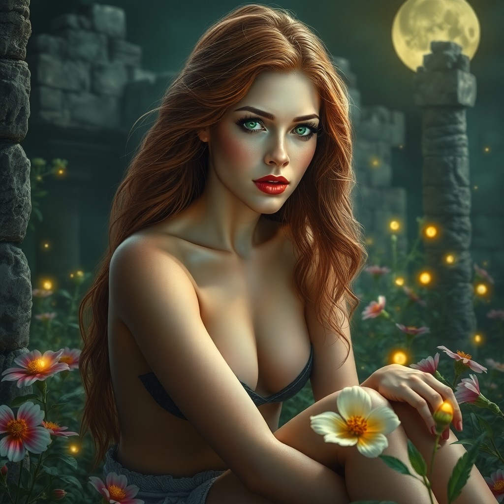 AI generated art for prompt: An ultrarealistic portrait captures a mesmerizing Amazonian woman with deep emerald eyes and porcela