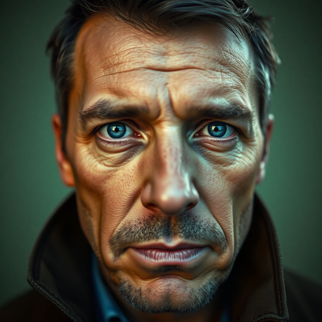 AI generated art for prompt: A captivating portrait photograph of a seasoned detective, their unfocused blue eyes reflecting year