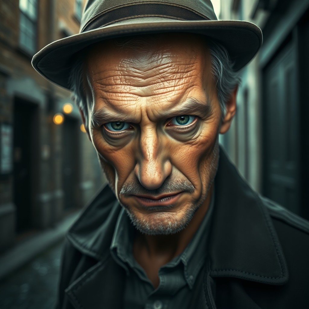 AI generated art for prompt: A highly detailed, photorealistic portrait of a weathered detective with piercing green eyes and an 