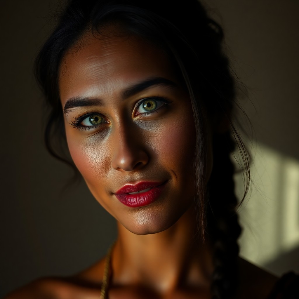 AI generated art for prompt: A captivating photorealistic portrait, inspired by Rembrandt's chiaroscuro lighting, focuses on an A