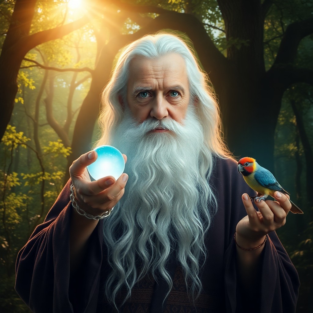 AI generated art for prompt: Envision an ultrarealistic portrait of a wise old wizard with flowing white hair and soft green eyes