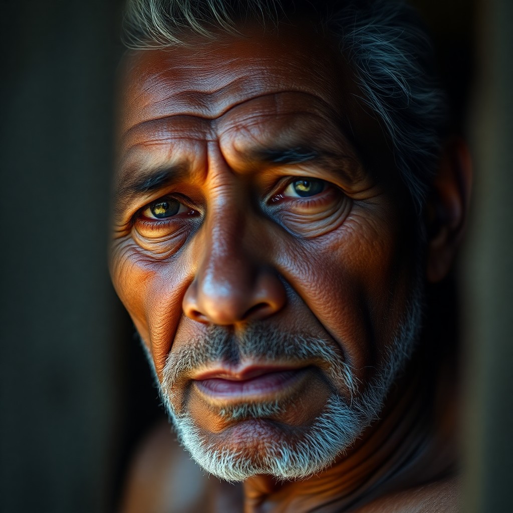 AI generated art for prompt: Craft a hyperrealistic portrait of a middle-aged Polynesian man with distinct features - sunken eyes