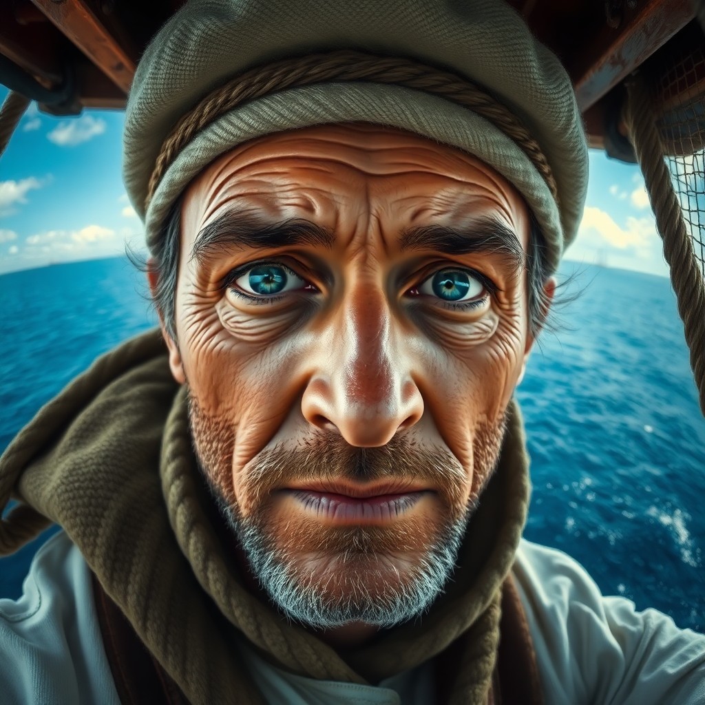 AI generated art for prompt: Imagine a photorealistic portrait of an experienced sailor with dreamy blue eyes and a weathered fac