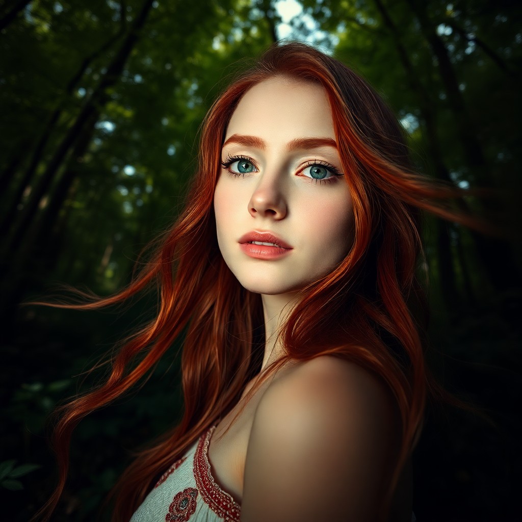 AI generated art for prompt: Craft a photorealistic portrait of a young Slavic woman with cascading red locks, gently swaying in 