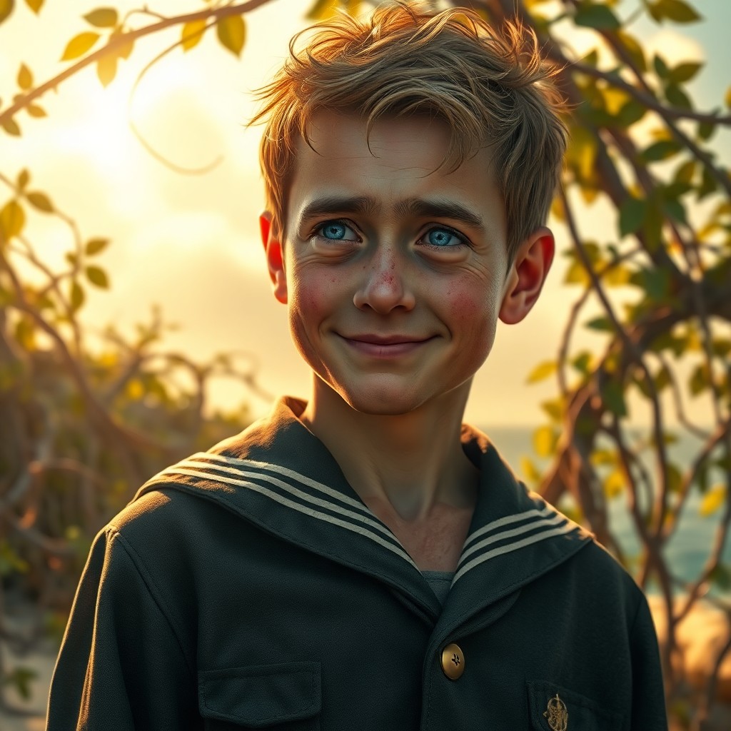 AI generated art for prompt: Imagine a hyperrealistic portrait of an aged boy with unfocused blue eyes and rugged features, illum