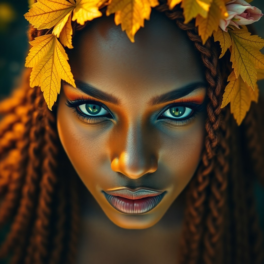 AI generated art for prompt: An enchanting portrait depicts a Caribbean woman with cascading auburn braids adorned by golden leav