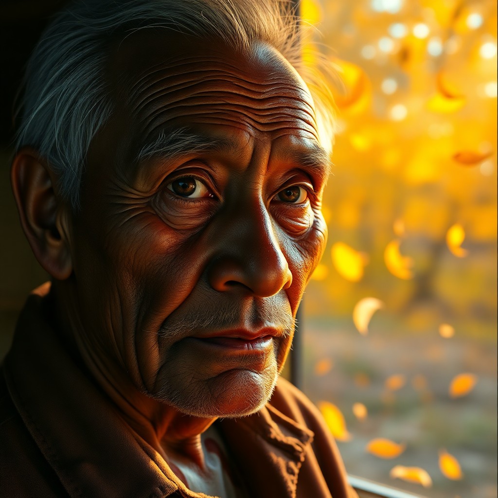 AI generated art for prompt: In a hyperrealistic portrait, an elderly Micronesian man's venerable features are illuminated by war