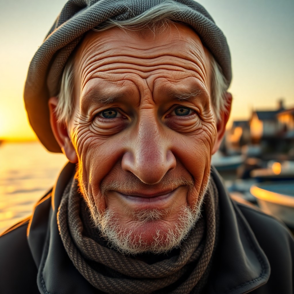 AI generated art for prompt: Imagine a highly detailed portrait of an aged fisherman, his sun-wrinkled skin a testament to years 