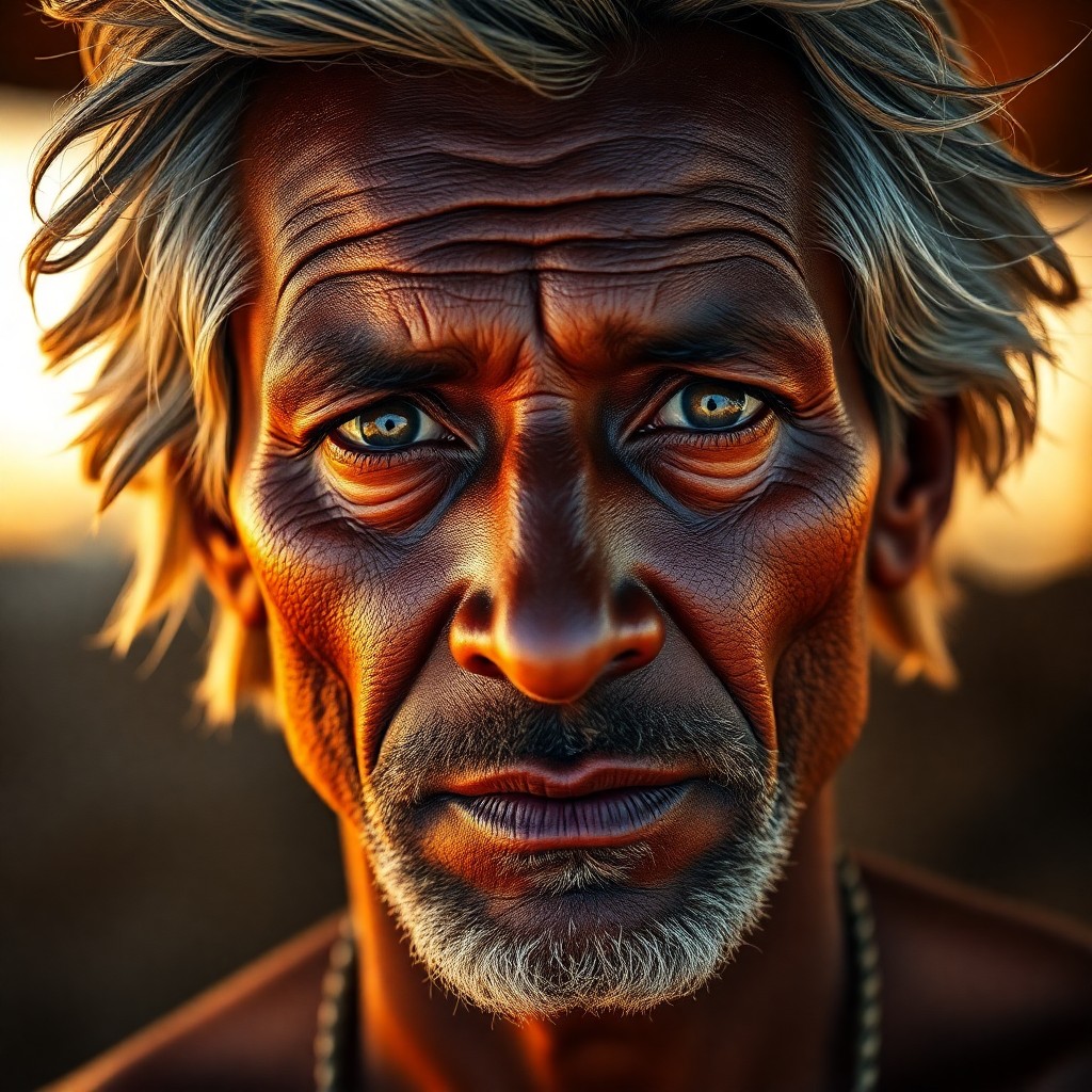 AI generated art for prompt: A middle-aged African man with rugged features and a rustic complexion stands illuminated by warm go