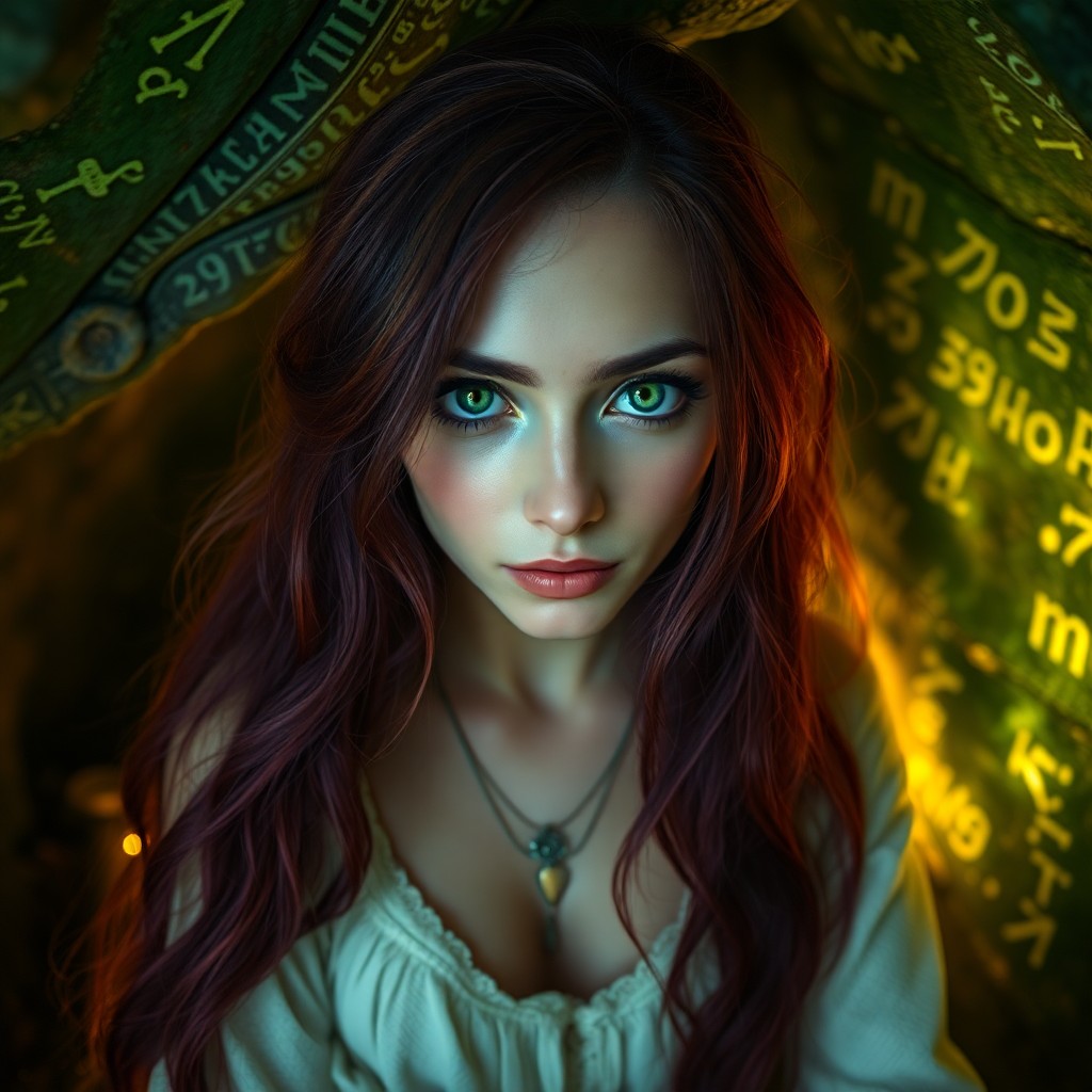 AI generated art for prompt: A captivating super-realistic portrait presents a mystic seer with striking emerald eyes and hair bl