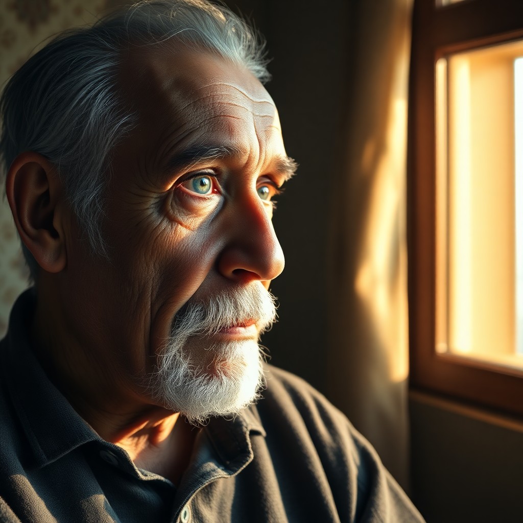 AI generated art for prompt: Craft a photorealistic portrait of an older North African man with melancholic blue eyes and a silve