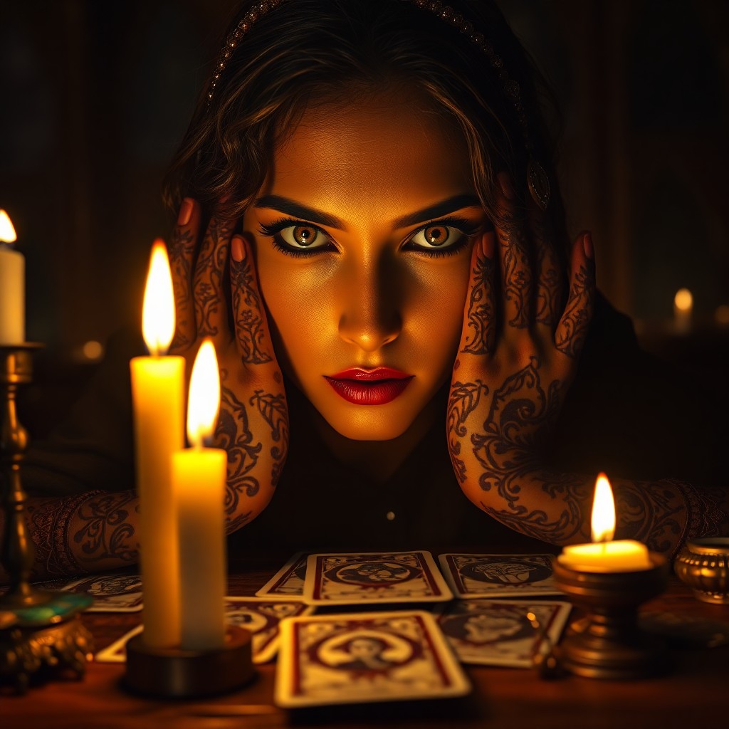 AI generated art for prompt: Envision a photorealistic portrait of a mysterious fortune teller with captivating eyes and intricat