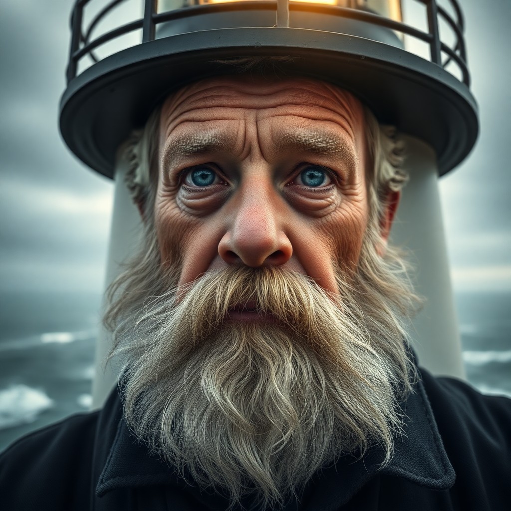 AI generated art for prompt: An awe-inspiring portrait of an aged lighthouse keeper with weathered features and piercing blue eye