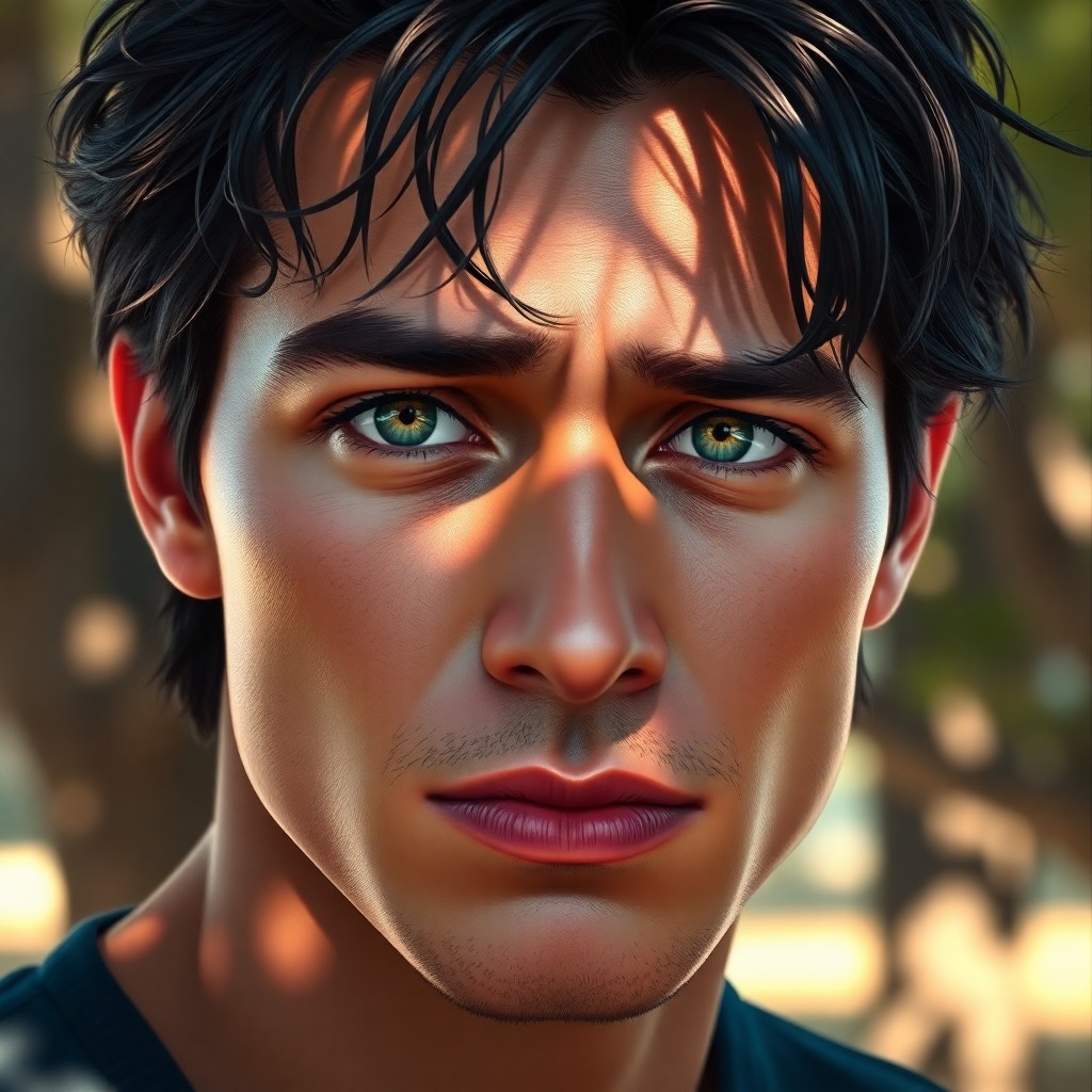 AI generated art for prompt: Craft a hyper-realistic digital painting showcasing a handsome Latin American man with kind green ey