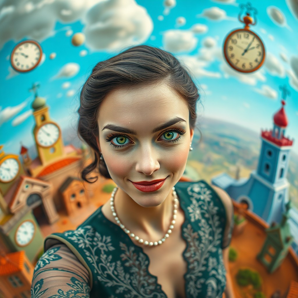 AI generated art for prompt: Craft a photorealistic smartphone portrait of an enigmatic 35-year-old woman with captivating green 