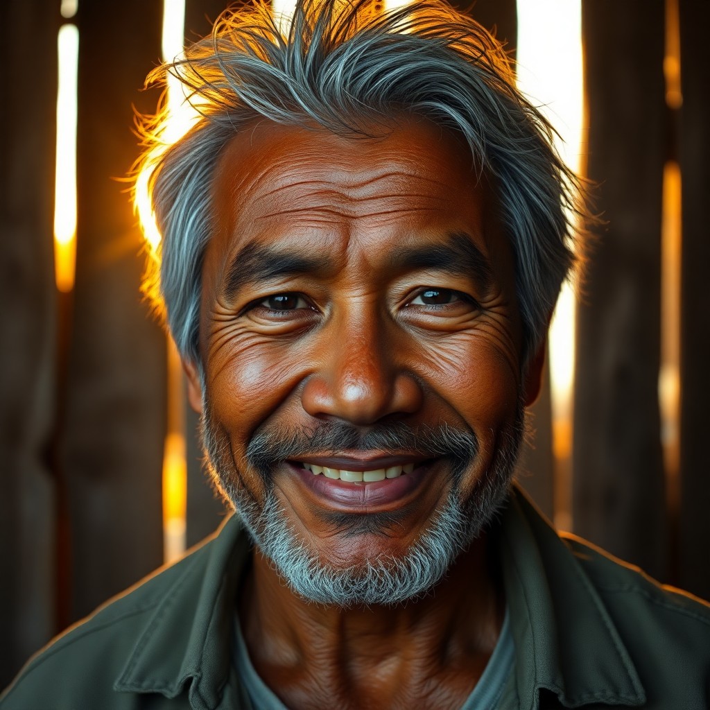 AI generated art for prompt: Craft a photorealistic portrait of a Pacific Islander man with a rugged yet soulful visage, his deep