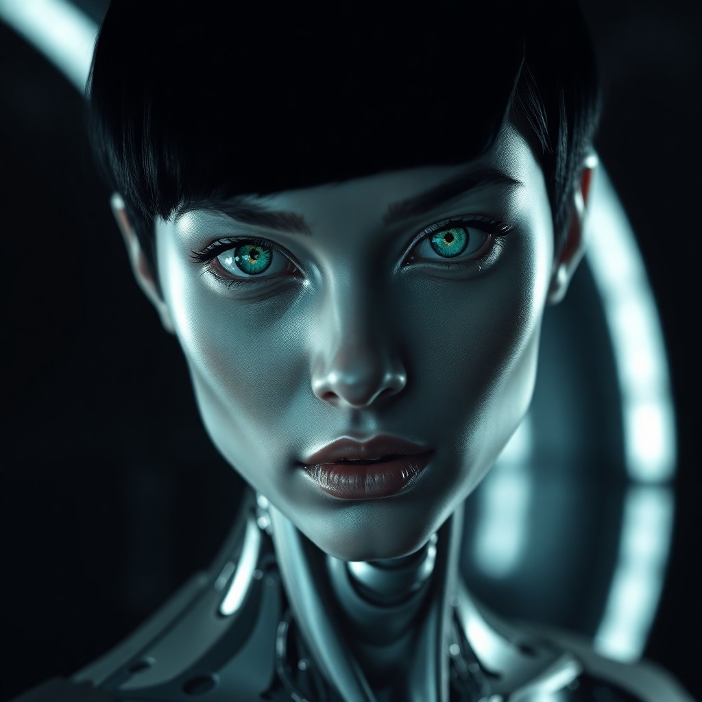 AI generated art for prompt: Embrace the haunting allure of chiaroscuro and sci-fi art to capture a mesmerizing close-up portrait