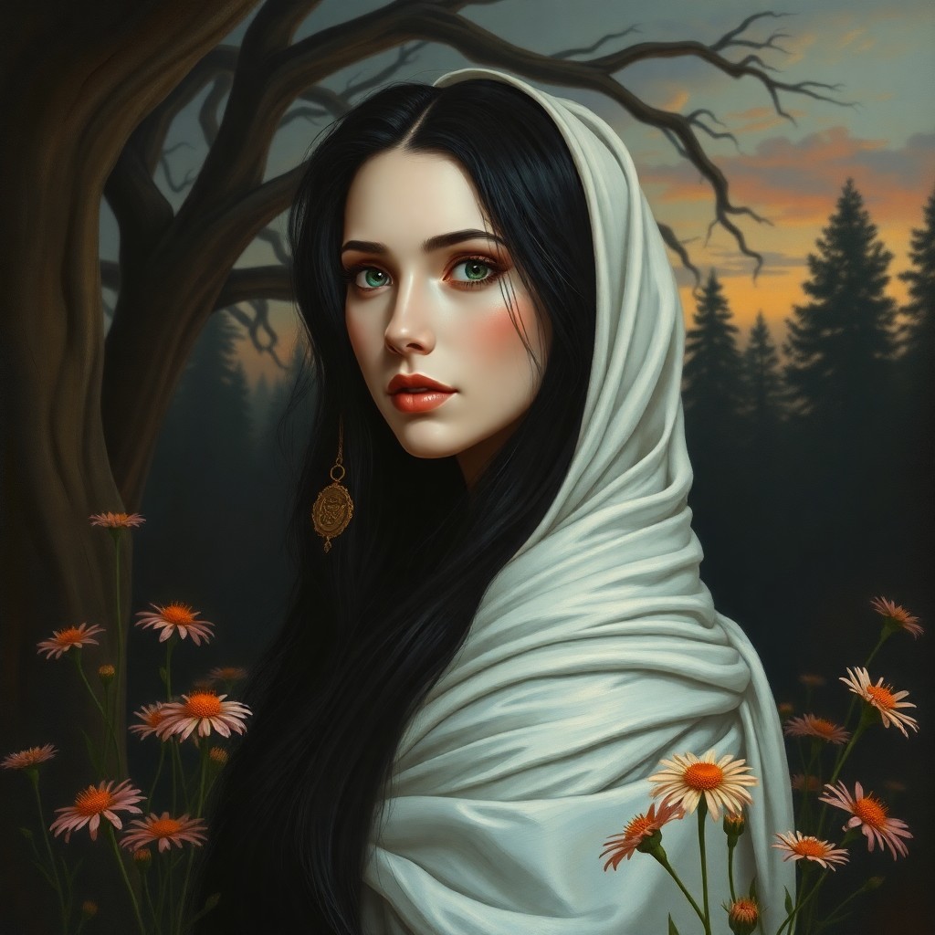 AI generated art for prompt: Craft a Renaissance-style oil painting of a mystical Latin American woman with pale skin and raven h