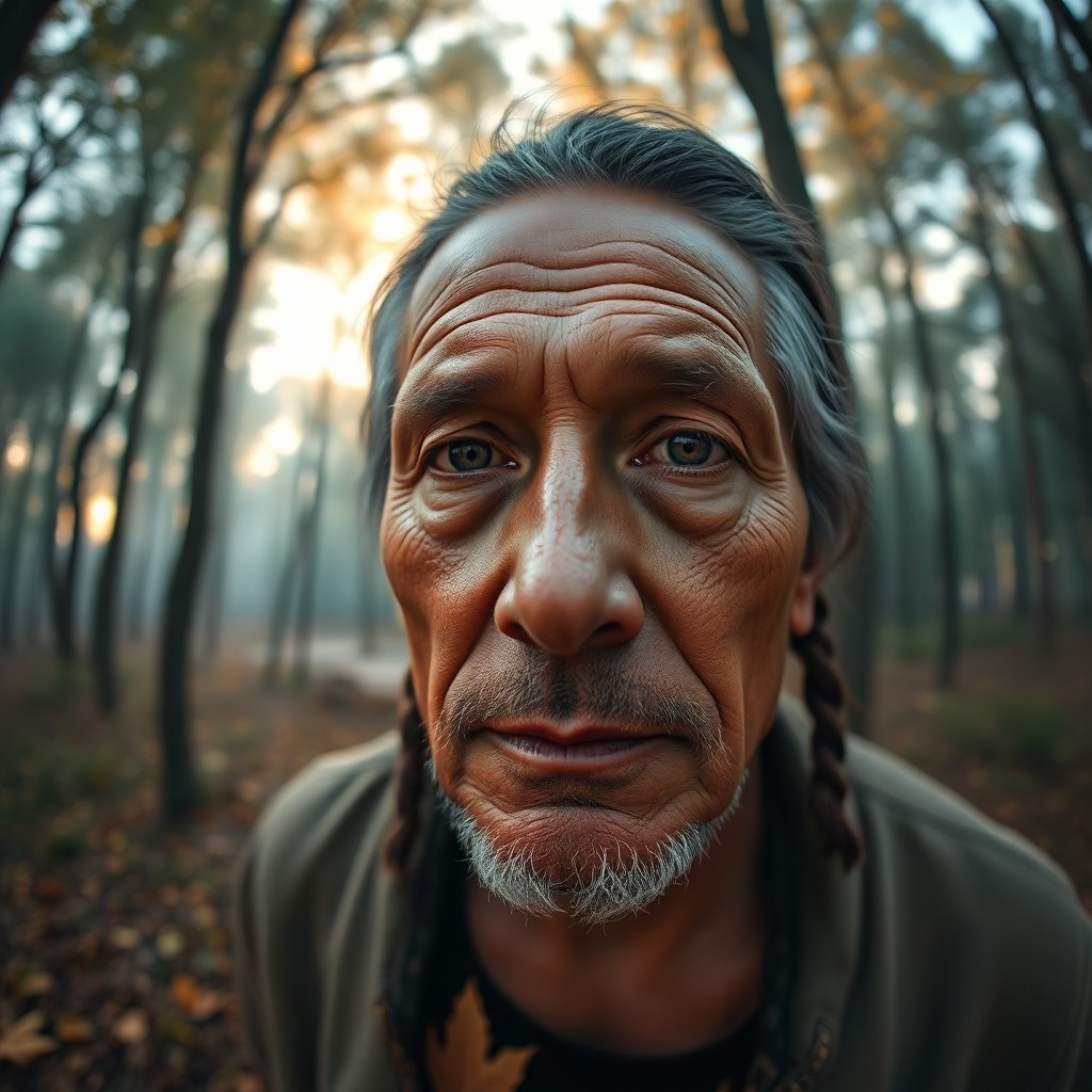 AI generated art for prompt: Craft an ultrarealistic portrait showcasing a middle-aged Native American man with a rugged, nostalg