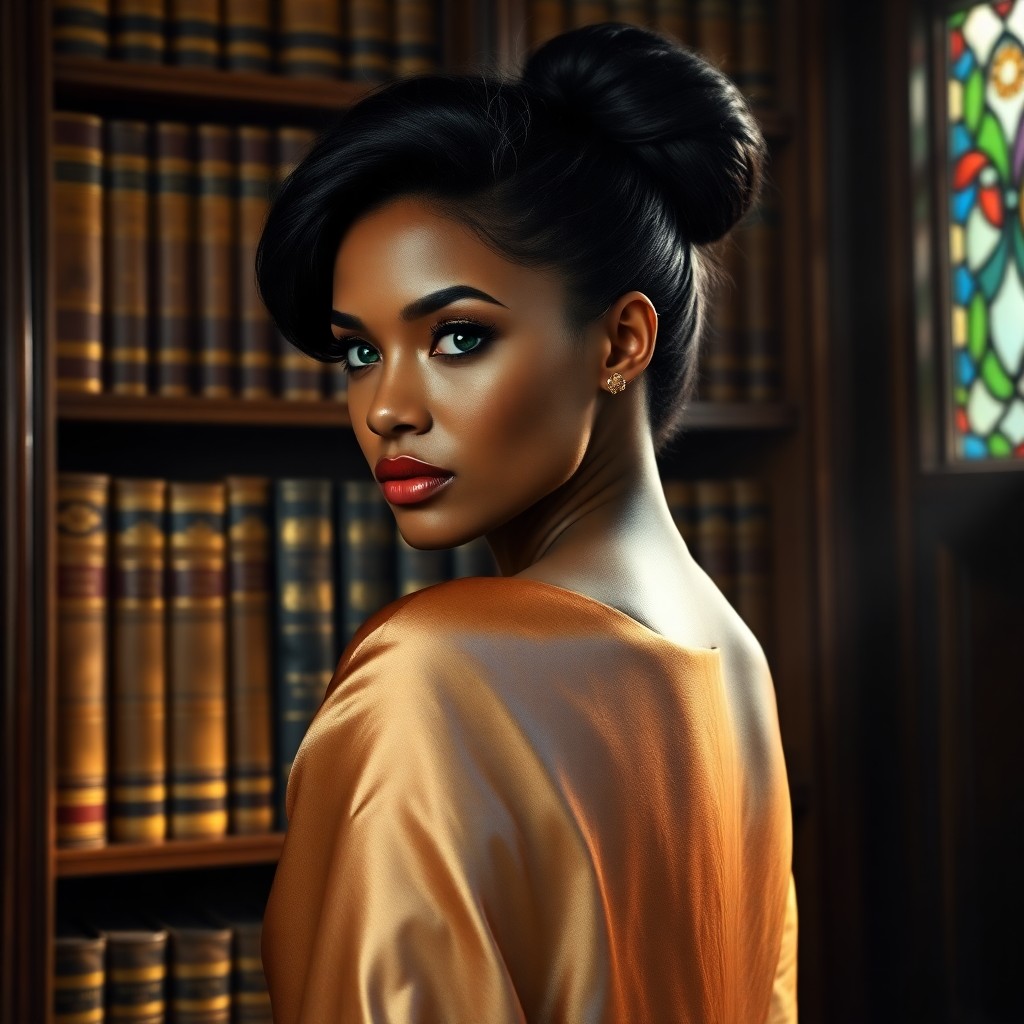 AI generated art for prompt: Depict a Caribbean woman with raven hair elegantly styled in a chignon, her porcelain skin highlight