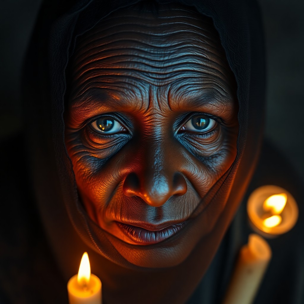 AI generated art for prompt: Craft a photorealistic portrait of an elderly Melanesian woman with soft blue eyes and skin etched b