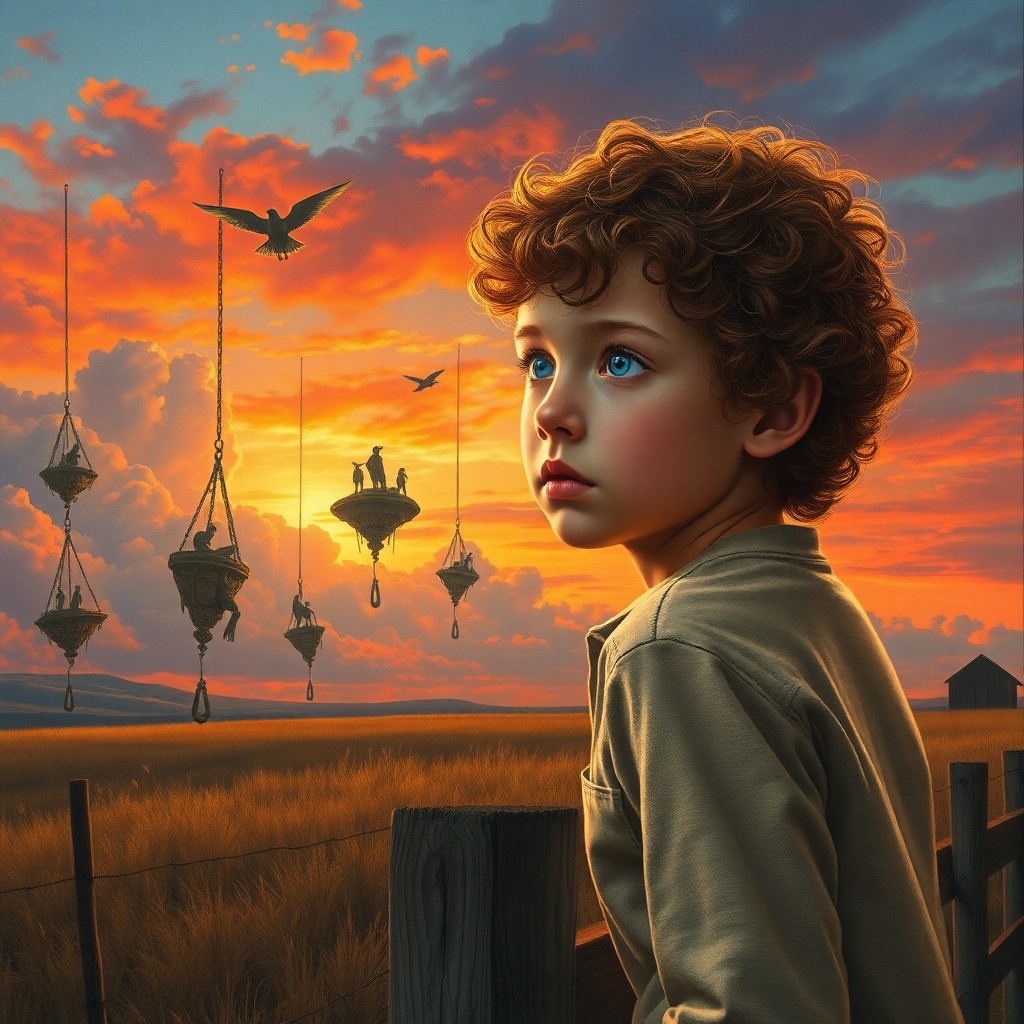 AI generated art for prompt: Craft a hyperrealistic painting featuring a boy with curly chestnut hair and melancholic blue eyes, 