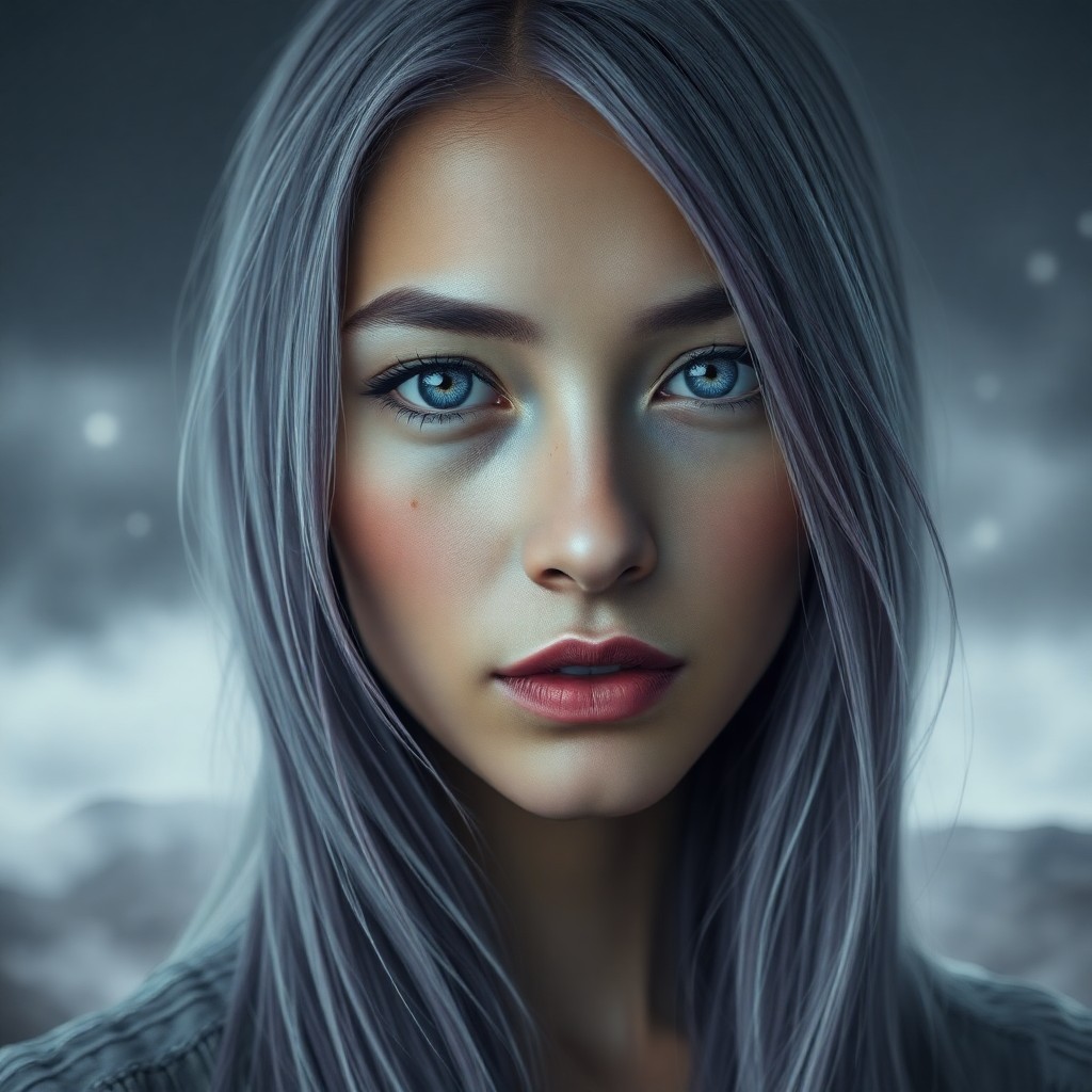 AI generated art for prompt: A hauntingly realistic portrait of a mysterious Central Asian woman with long silver hair streaked b