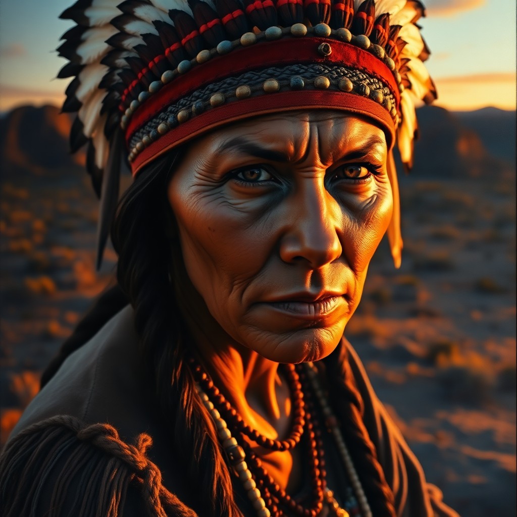 AI generated art for prompt: An oil painting portrait depicts a Native American warrior woman with an intense gaze and fierce det