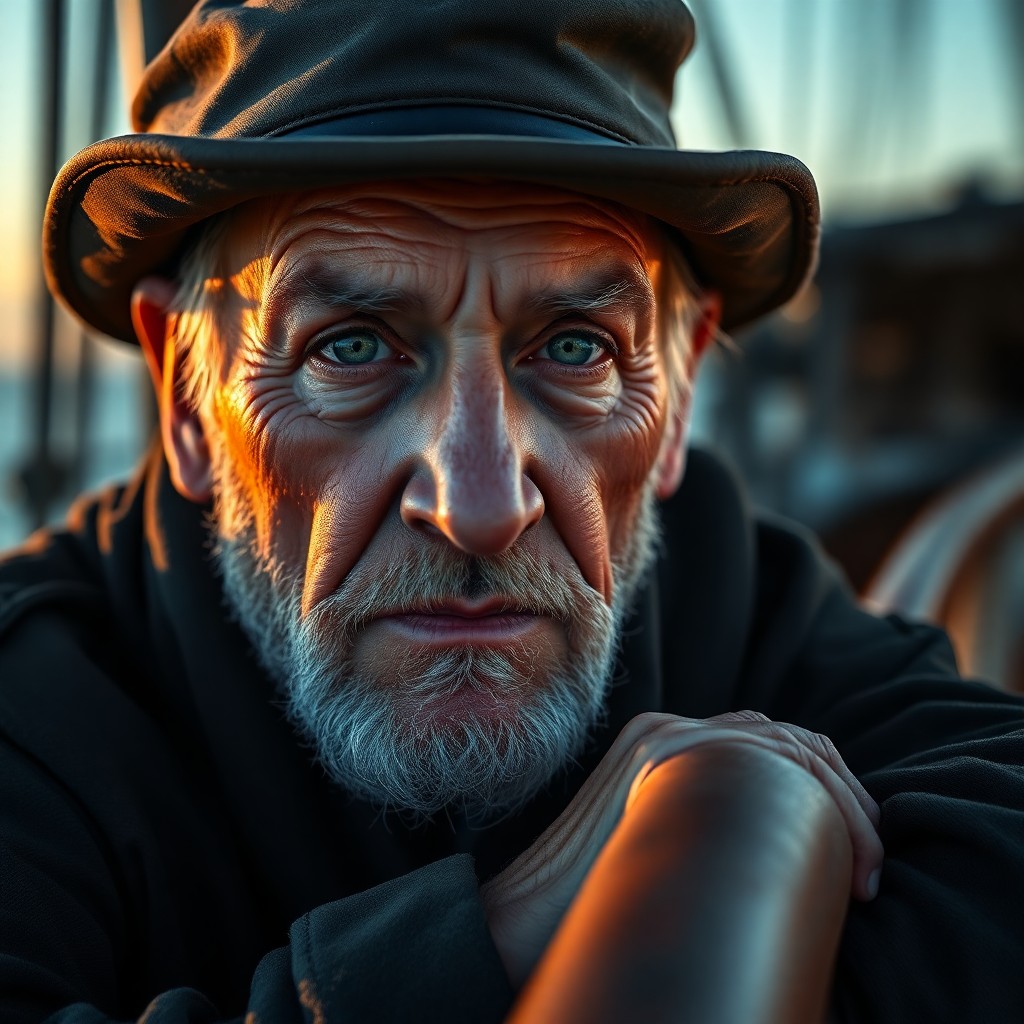 AI generated art for prompt: Craft a photorealistic portrait of an aged sailor, his rough-hewn face and piercing green eyes conve