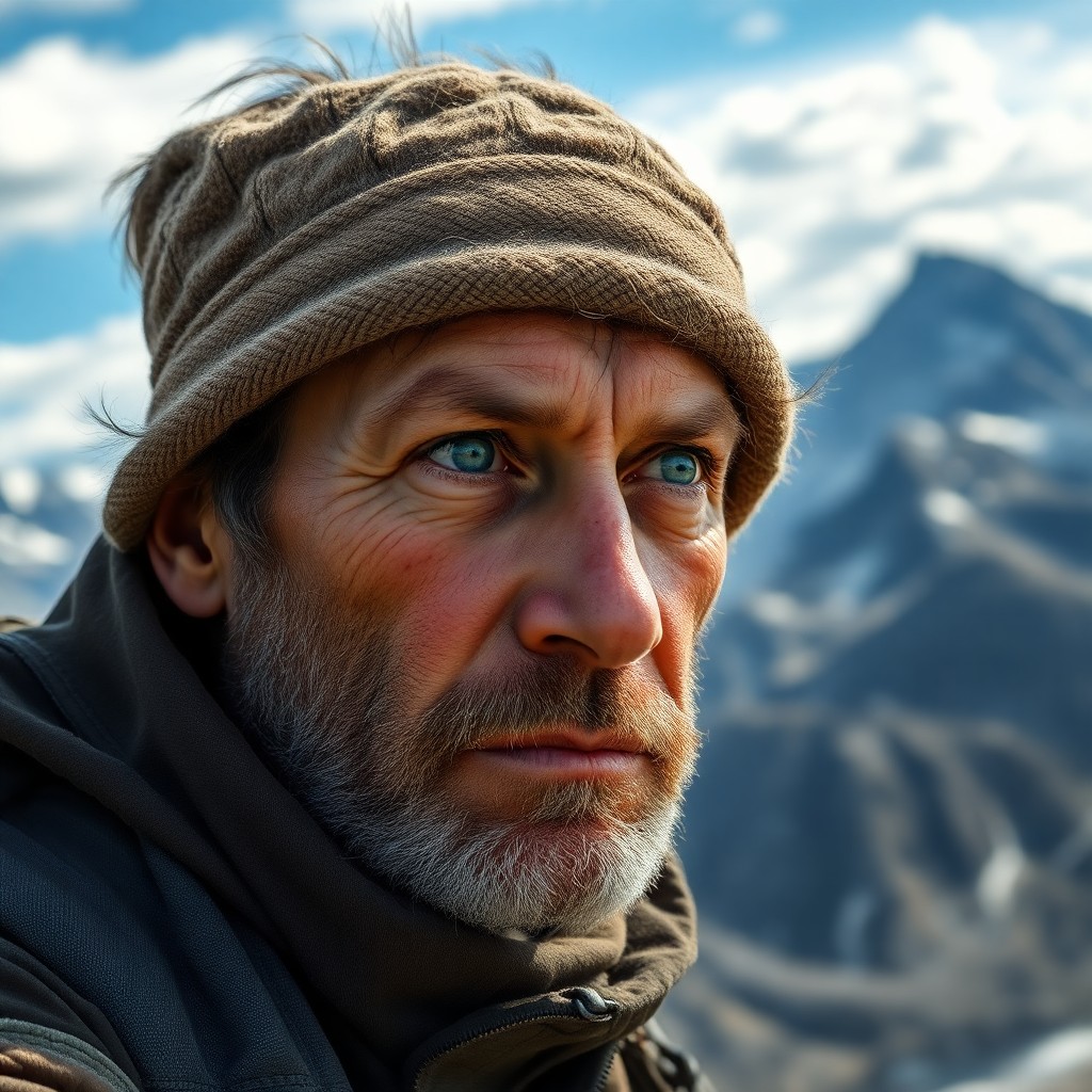 AI generated art for prompt: Craft a photorealistic portrait of an experienced explorer with rugged features and intense eyes, se