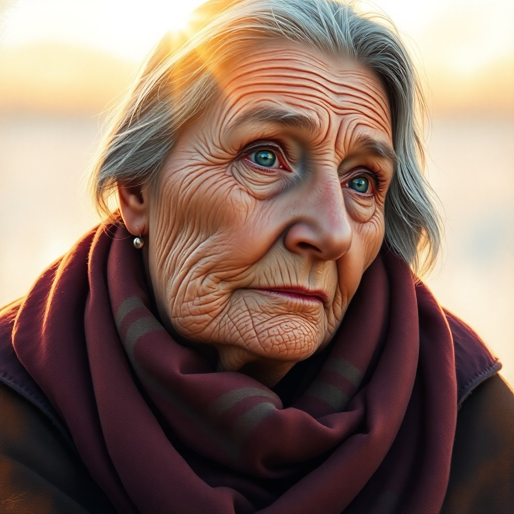 AI generated art for prompt: A super-realistic portrait captures a wise elderly Inuit woman with gentle blue eyes and deep wrinkl