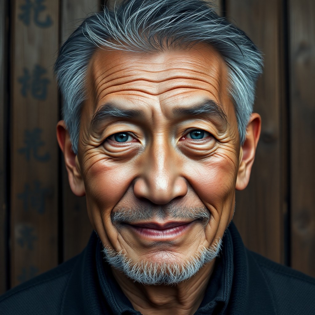 AI generated art for prompt: Craft a hyperrealistic portrait of an esteemed 65-year-old East Asian man with weathered features an