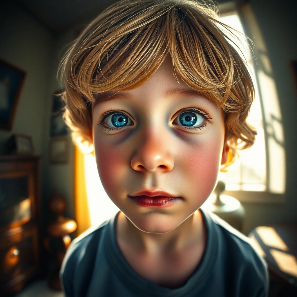 AI generated art for prompt: Craft a super-realistic oil painting capturing a tender moment of a young boy with deep blue eyes an