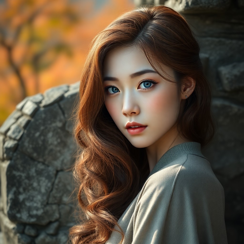 AI generated art for prompt: Craft a photorealistic portrait of an East Asian woman with porcelain skin and wavy chestnut hair, c