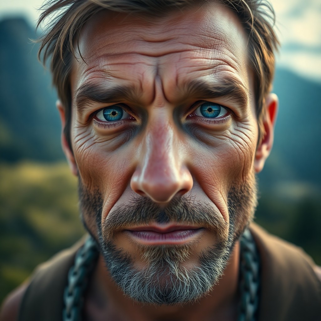 AI generated art for prompt: Craft a hyperrealistic portrait painting showcasing a stoic male figure with compassionate blue eyes