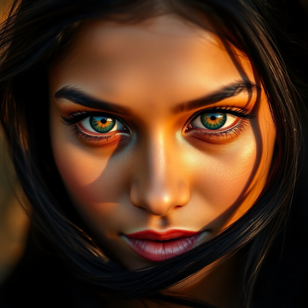 AI generated art for prompt: A captivating close-up portrait showcases a South Asian woman's mesmerizing deep green eyes, accentu