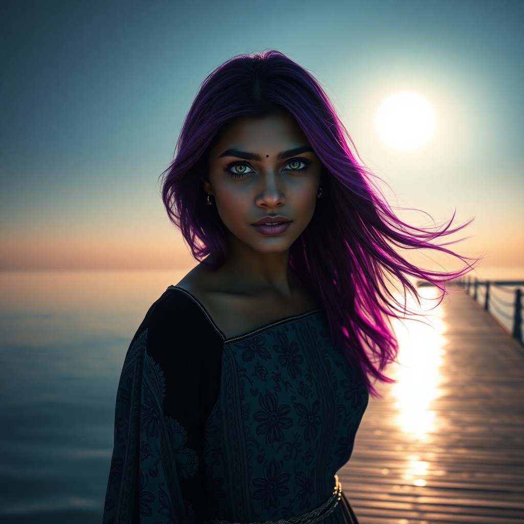 AI generated art for prompt: Craft a cutting-edge digital portrait showcasing an enigmatic South Asian woman with vibrant purple 