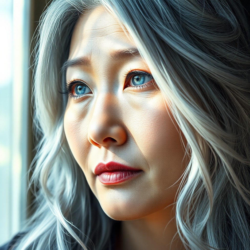 AI generated art for prompt: Envision a super-realistic portrait of an East Asian woman with cascading silver hair adorned in int