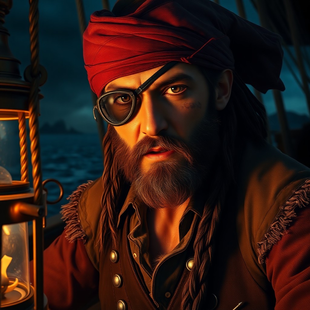 AI generated art for prompt: Imagine a detailed portrait of an experienced pirate captain with weathered skin, his one eye hidden