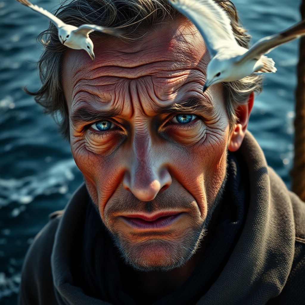 AI generated art for prompt: Imagine a photorealistic portrait of a weathered sailor with rugged skin and piercing blue eyes. His