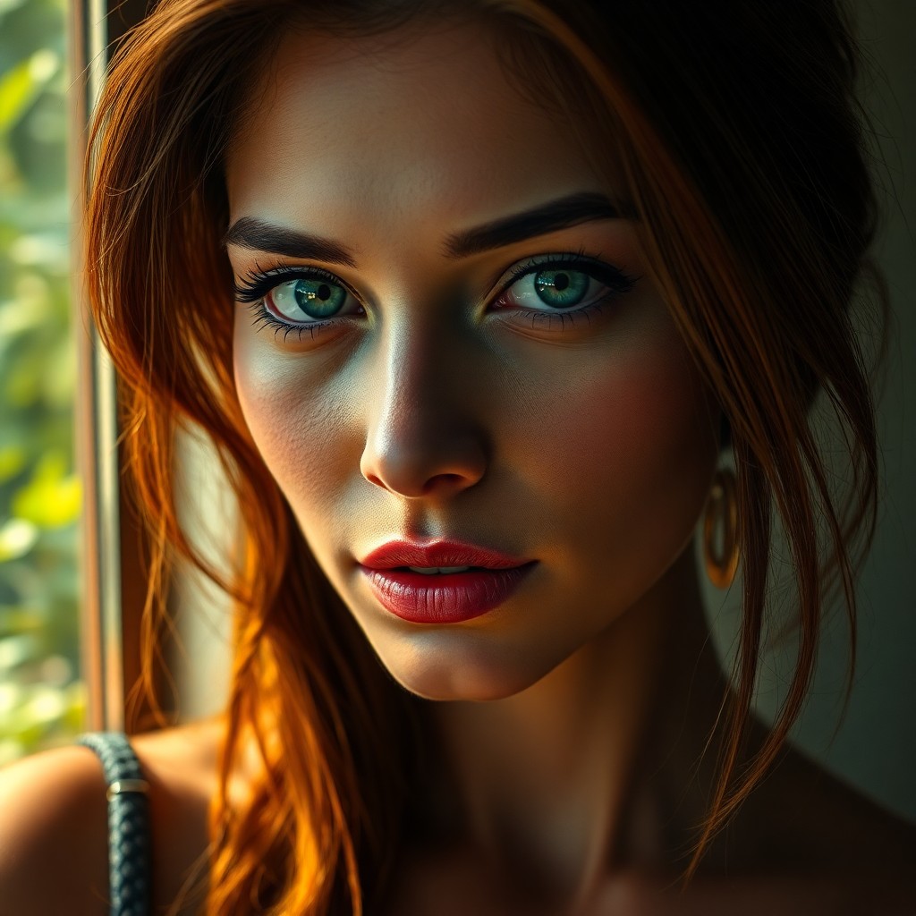 AI generated art for prompt: A hyper-realistic portrait captures an enigmatic Latin American woman with deep emerald eyes and ric