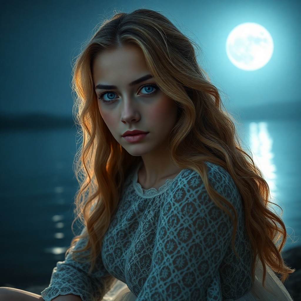 AI generated art for prompt: A young Central Asian woman with piercing blue eyes and cascading wavy blonde hair sits pensively by