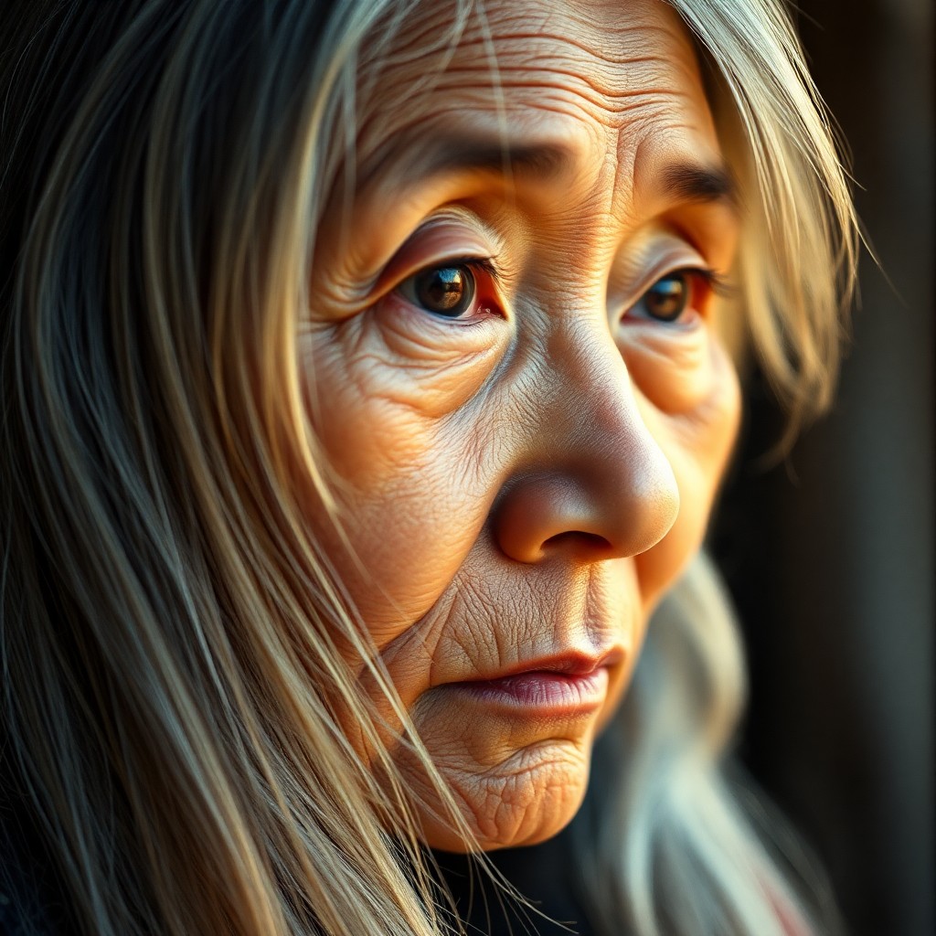 AI generated art for prompt: A striking close-up portrait of an elderly East Asian woman reveals her eyes, filled with wisdom and