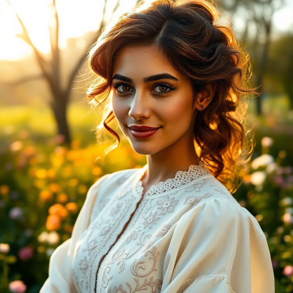 AI generated art for prompt: Create a captivating photorealistic portrait of a young North African woman with amber eyes and wavy