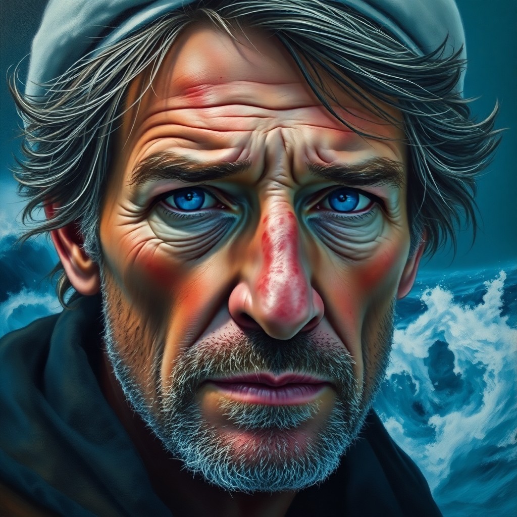 AI generated art for prompt: Craft a hyper-realistic oil painting portrait of an aged sailor with melancholic blue eyes amidst a 