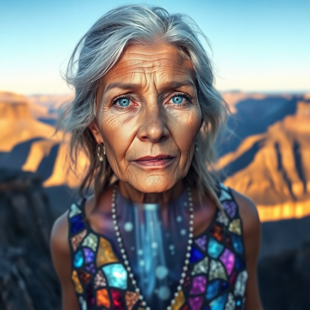 AI generated art for prompt: Craft a hyper-realistic 3D portrait of a middle-aged Aboriginal woman with ethereal blue eyes and wi