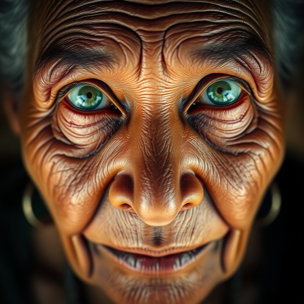 AI generated art for prompt: Envision a hyperrealistic portrait of an elderly Melanesian woman with sturdy skin and piercing emer