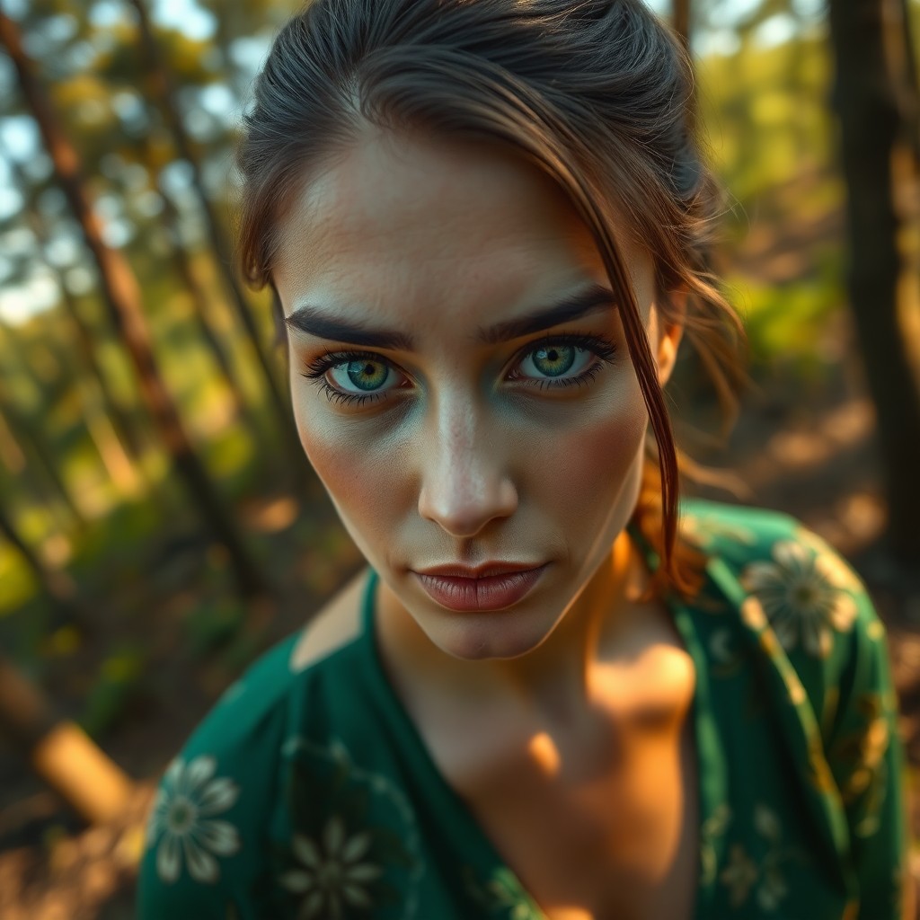 AI generated art for prompt: Craft a photorealistic close-up portrait of a Mediterranean woman with piercing green eyes, her face